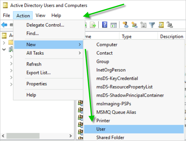 Screenshot of the Action menu and New and User choices.
