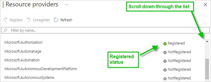 A screenshot that depicts an example of a resource provider in Registered status.