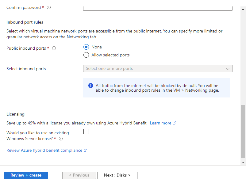 Screenshot showing our sample choices for the remaining required fields on the Create a virtual machine wizard's Basics tab.