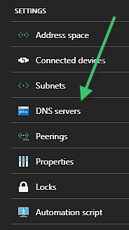 In the Microsoft Azure portal, the Settings list for the virtual network In the Microsoft Azure portal, the Settings list for the virtual network