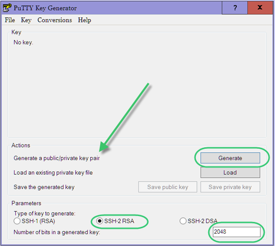 Screenshot of the PuTTY Key Generator window with green arrows pointing to the key spots Screenshot of the PuTTY Key Generator window with green arrows pointing to the key spots