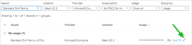 A screenshot depicting the Standard Dv3 Family quota in West US 3 location with a green arrow pointing to the pencil icon next to the quota number.