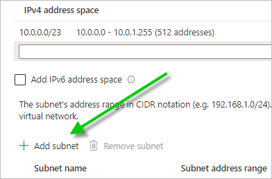 Screenshot of the Add subnet button and a green arrow pointing to it.