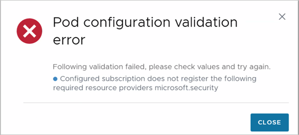 Screenshot that illustrates the pod deployer's validation message when a resource provider required by the deployer does not have Registered status in the subscription.