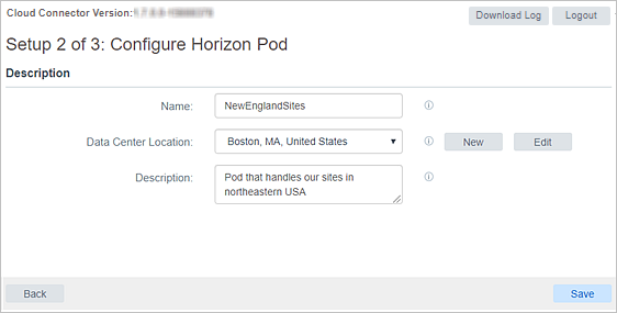 Screenshot that is a sample illustration of the wizard's step Setup 2 of 3 UI and showing sample values typed into the fields to illustrate that the Save button is available after the fields have values in them.