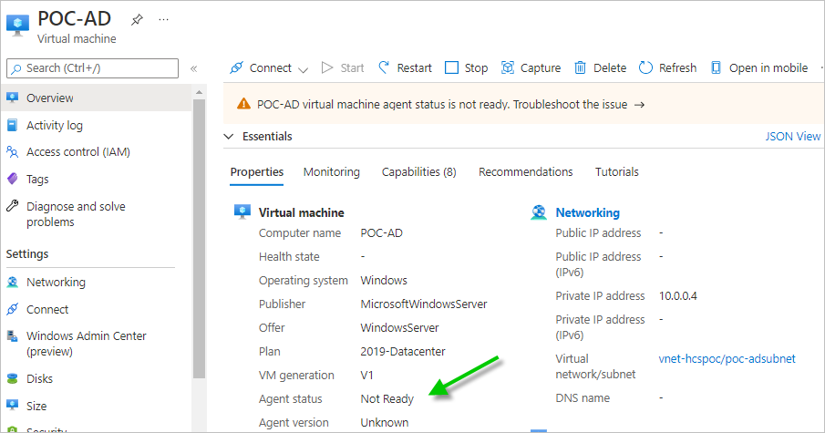 Screenshot of the VM's overview and a green arrow pointing to the Agent status where it says Not Ready.
