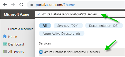 A screenshot that shows the Azure Portal's search bar and searching for Azure Database for PostgreSQL Server.