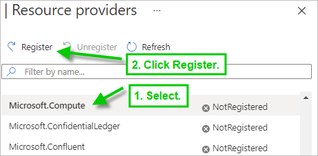 A screenshot that depicts one resource provider selected and the location of the Register button.