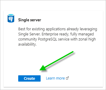 A screenshot of the Single server option at the start of the wizard to create the Azure Database for PostgreSQL server