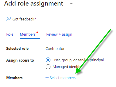 Screenshot of the Members tab with a green arrow pointing to Select members