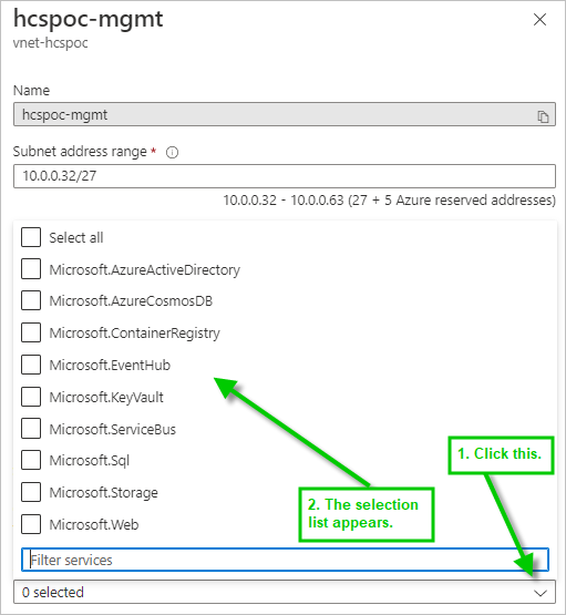 Screenshot of the Services Endpoint menu with an arrow pointing to where to click the menu and the list of services that appear when you click that menu and a green arrow pointing to that list.