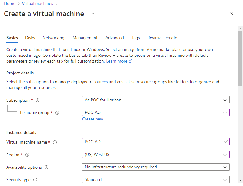 Screenshot of the first set of fields filled in or selected in the Create a virtual machine wizard.