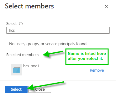 Screenshot showing the Select members pane with the app registration as a selected member and a green arrow to it and the Select button.