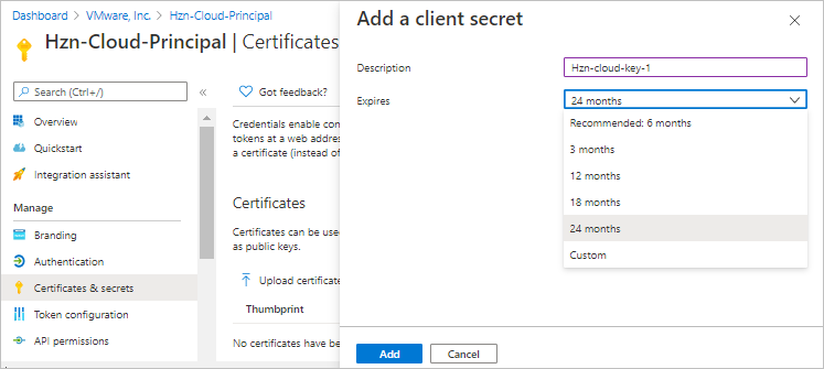 Keys screen showing new key being added with never expires duration.