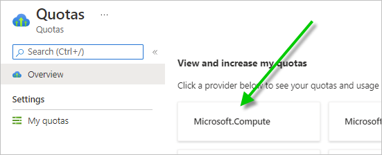 This screenshot depicts the Microsoft.Compute tile on the Quotas pane with a green arrow pointing to that tile.