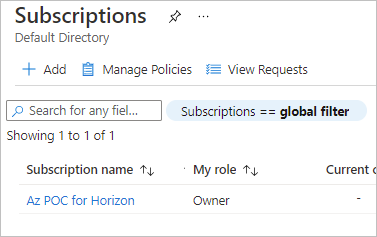 A screenshot of the Subscriptions pane in the Azure Portal.