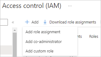 Screenshot that depicts the Add role assignment entry when you click Add on the Access control (IAM) pane in the Azure Portal.