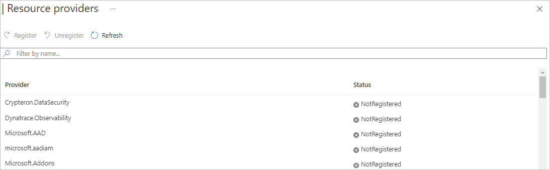A screenshot of the subscription's Resource providers pane in the Azure Portal.