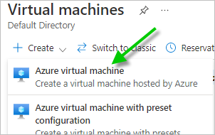Screenshot of the Create menu and a green arrow pointing to the Azure virtual machine choice.