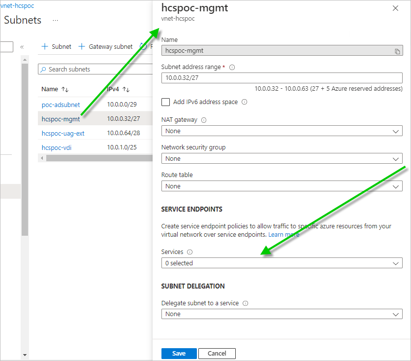 Screenshot after clicking the hcspoc-mgmt subnet and the portal displays the UI for that subnet's details, with a green arrow pointing to the Service Endpoints menu for the next step.