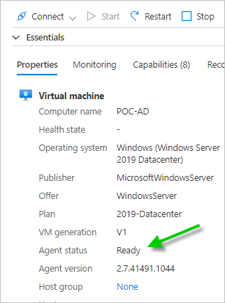 Screenshot of the VM's agent status as Ready.