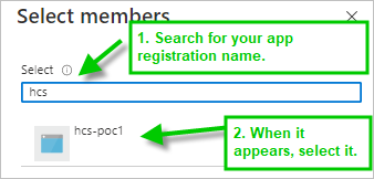 Screenshot of the Select members pane and searching for our app registration name.