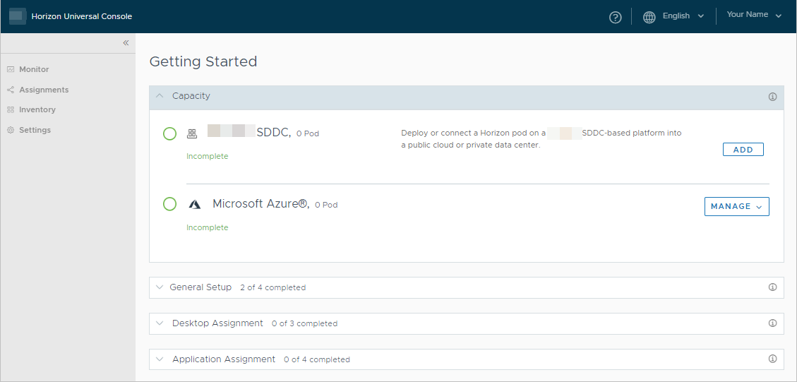 Screenshot of the Horizon Universal Console's Getting Started page for a brand new tenant.