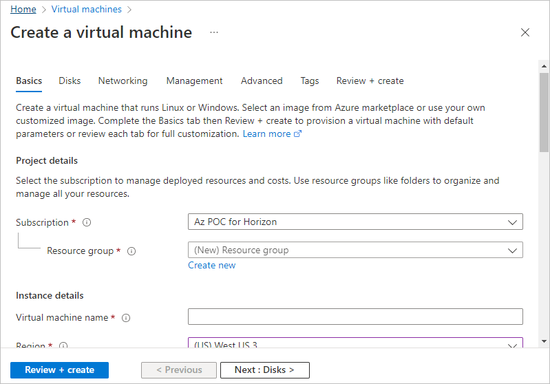 Screenshot of the top of the Create a virtual machine wizard in the Azure Portal.