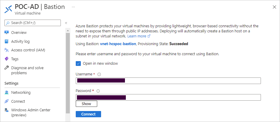 Screenshot of the Azure Portal's UI for connecting to our Active Directory VM using Bastion and the VM's admin credentials.