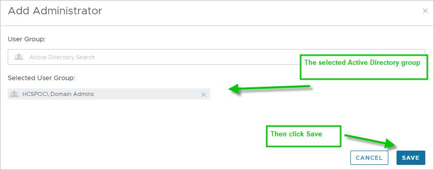 Screenshot that illustrates the state after Domain Admins is clicked in the Add Administrator window, with a green arrow pointing to it and to the Save button.
