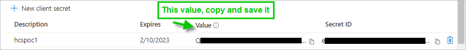 Screenshot that depicts the line for our client secret with green arrows pointing to the Value column where the value will be displayed.