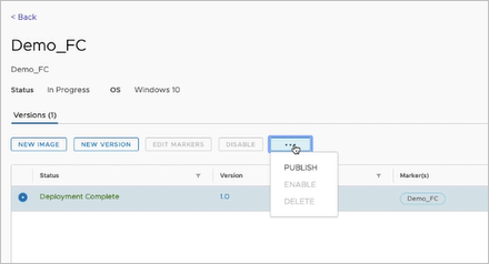 Screenshot of selecting the Publish action for image version 1.0 Screenshot of selecting the Publish action for image version 1.0
