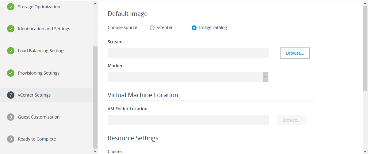 vCenter Settings page of add farm wizard in Horizon Console vCenter Settings page of add farm wizard in Horizon Console