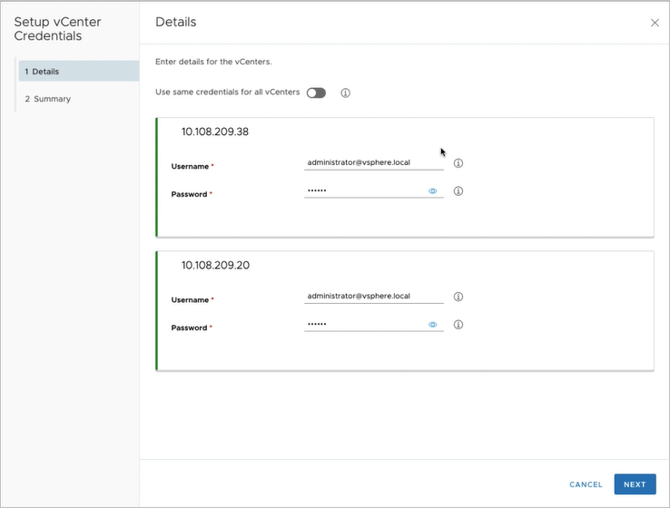 Setup vCenter Credentials wizard