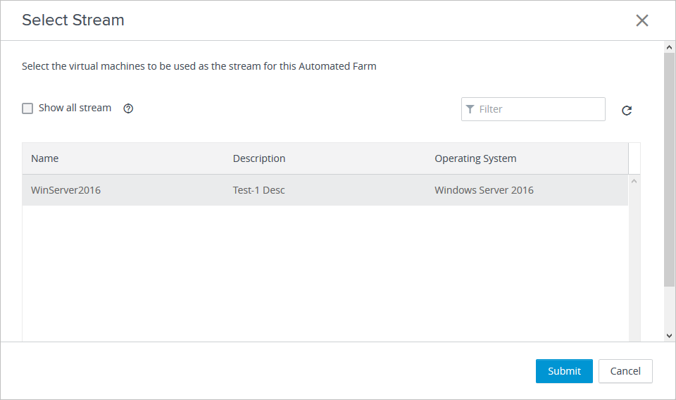 Select Stream dialog box in Horizon Console