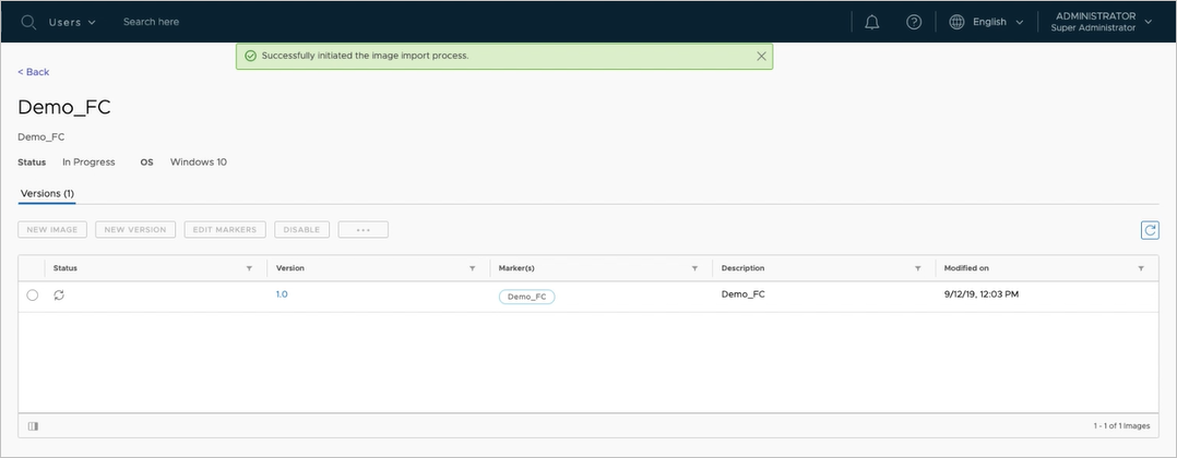 Image details page showing version 1.0 import in progress Image details page showing version 1.0 import in progress