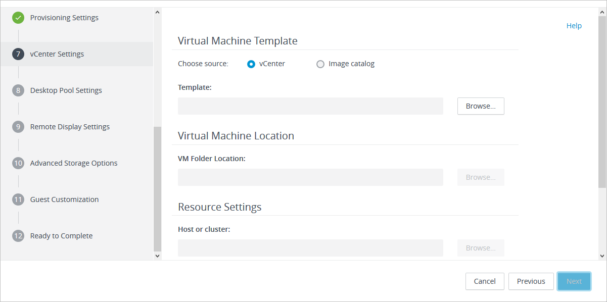 vCenter Settings page in add desktop pool wizard in Horizon Console