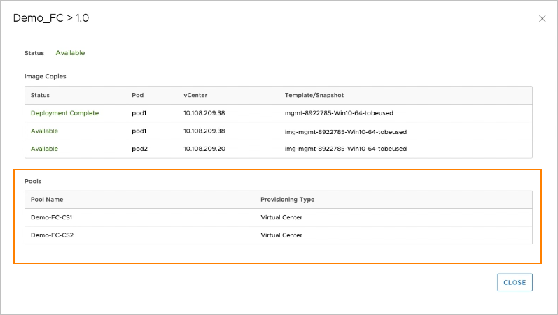 Image version details page, Pools highlighted