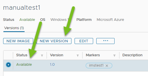 Screenshot of the selected version 1.0 and the New Version with green arrows. Screenshot of the selected version 1.0 and the New Version with green arrows.