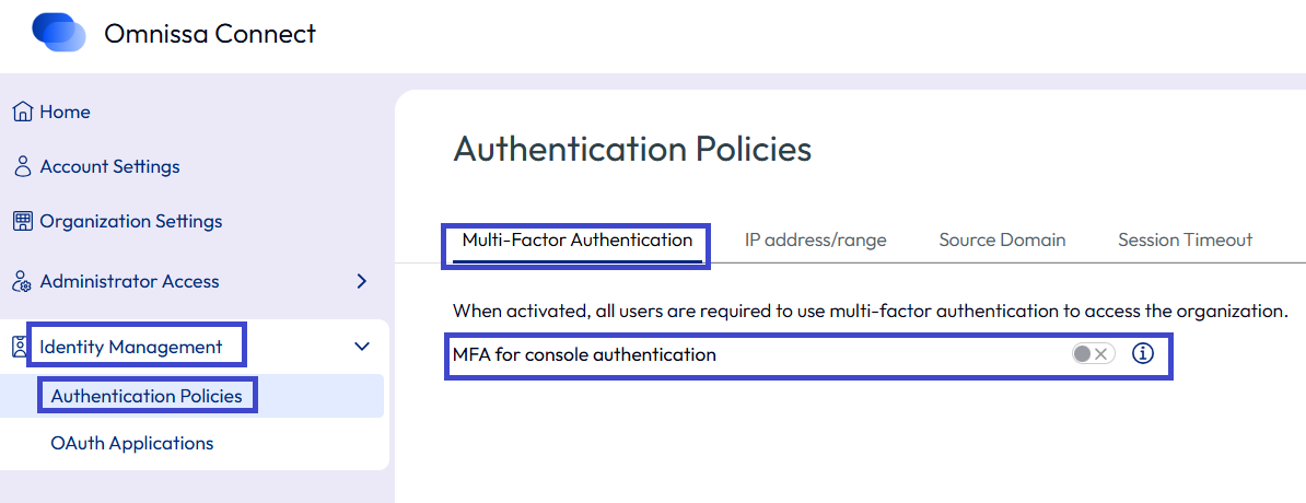 Décrit le chemin de navigation pour activer la MFA dans votre organisation dans Connect.