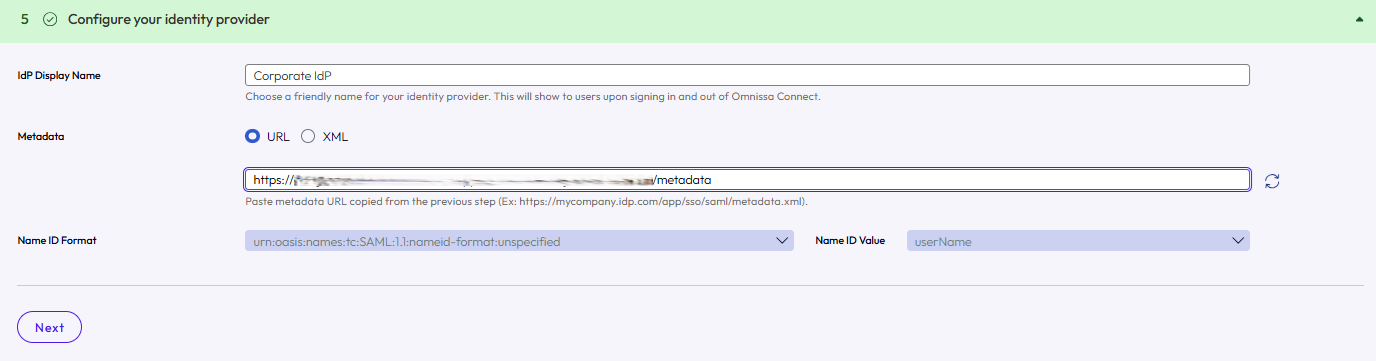 Terminez l’échange de métadonnées en entrant l’URL du fournisseur d’identité dans Connect.