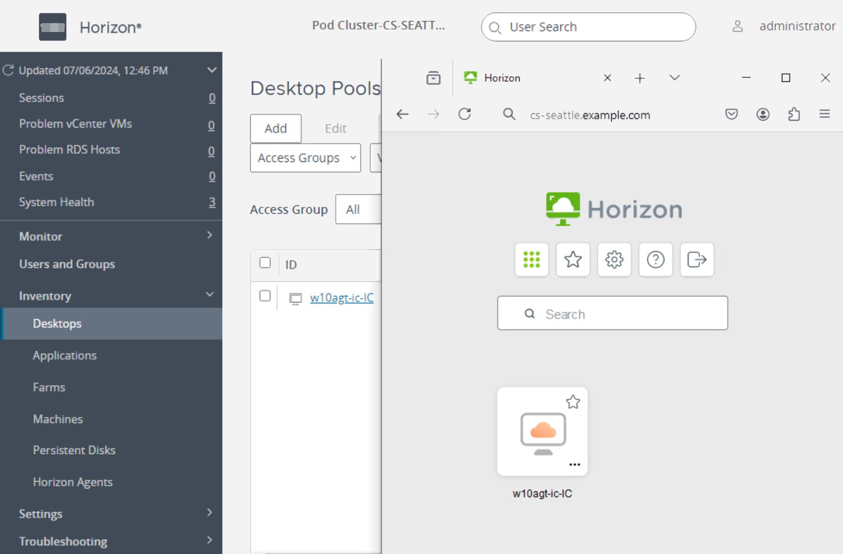 UI des pools de postes de travail et HTML Access Client