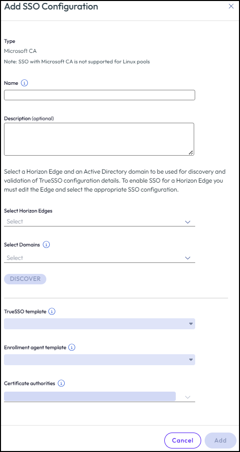 Page Ajouter une configuration SSO avec le type d'autorité de certification Microsoft sélectionné Page Ajouter une configuration SSO avec le type d'autorité de certification Microsoft sélectionné