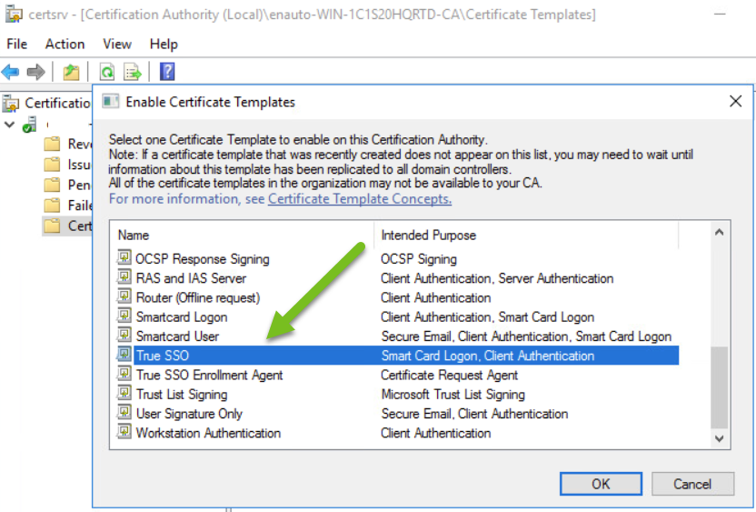 Fenêtre Activer les modèles de certificat avec le modèle True SSO sélectionné. Fenêtre Activer les modèles de certificat avec le modèle True SSO sélectionné.