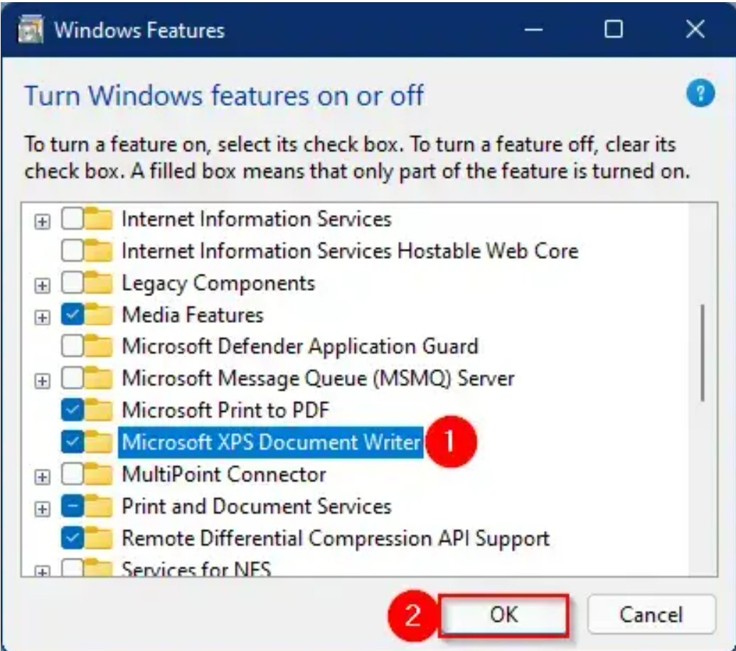 Cette capture d'écran montre l'écran des fonctionnalités de Windows avec Microsoft XPS Document Writer activé