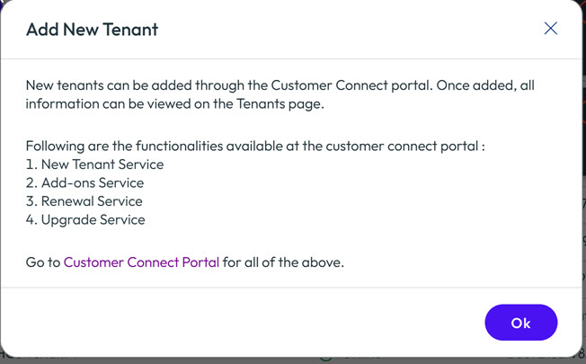 Page Ajouter un nouveau locataire avec le bouton Portail Customer Connect pour lancer l'intégration Page Ajouter un nouveau locataire avec le bouton Portail Customer Connect pour lancer l'intégration