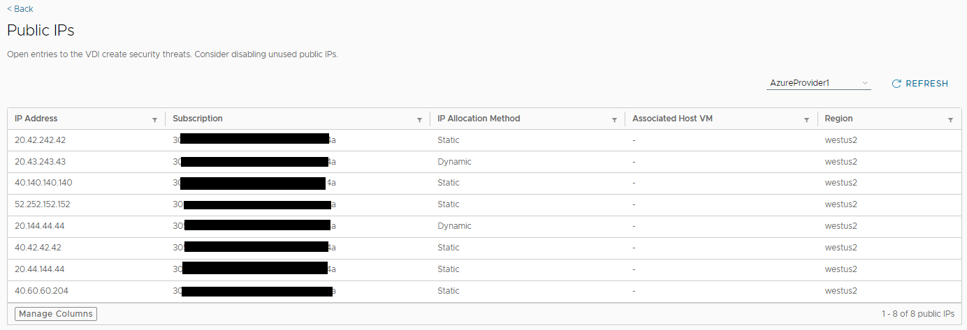Capture d'écran de la page de détails de la vue Adresses IP publiques.