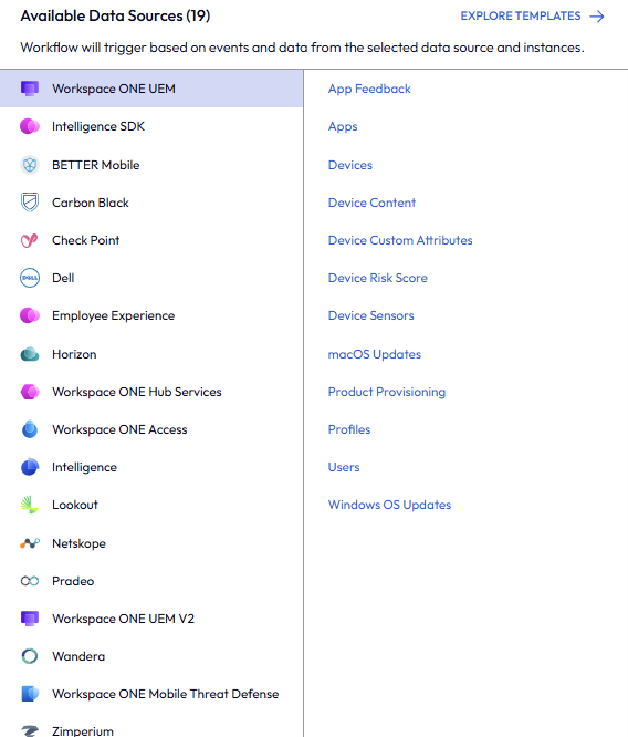 L'interface utilisateur répertorie les sources de données disponibles lorsque vous commencez à configurer un workflow dans le canevas de workflow L'interface utilisateur répertorie les sources de données disponibles lorsque vous commencez à configurer un workflow dans le canevas de workflow