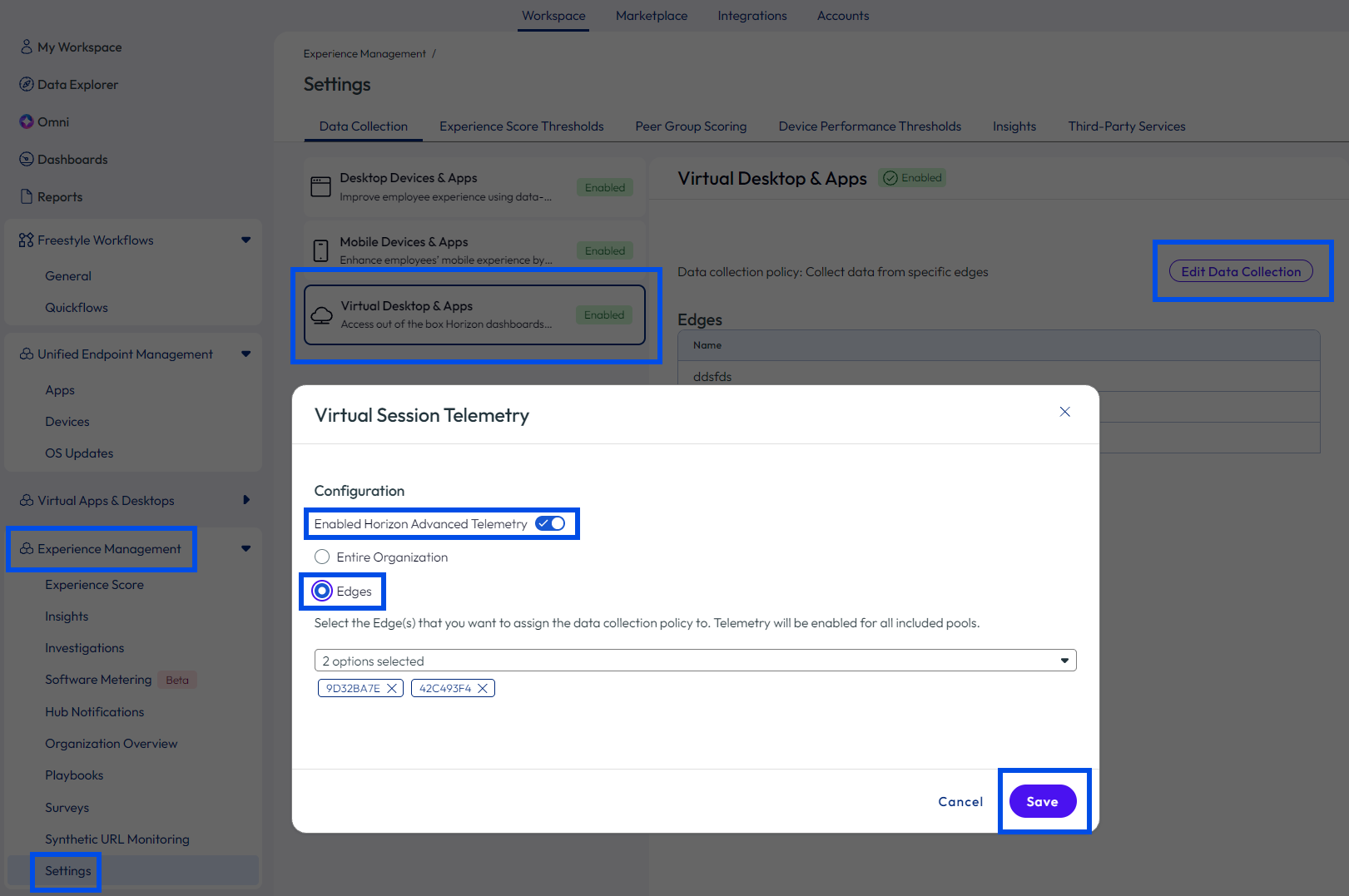 Utilisez les cases à cocher pour envoyer ou non des données du dispositif Edge à Experience Management. Utilisez les cases à cocher pour envoyer ou non des données du dispositif Edge à Experience Management.