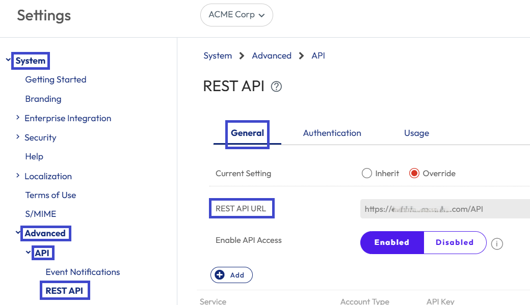 Copiez l'URL de REST API, mais supprimez /API afin de pouvoir entrer la chaîne lorsque vous configurez UEM en tant que connecteur de workflow